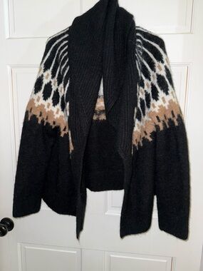 Banana Republic Black, White & Tan Open-Front Fair Isle Cardigan